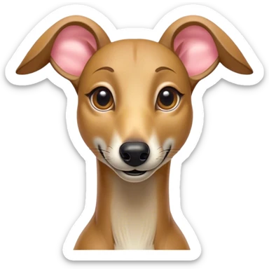 Cinematic Comical Fawn Greyhound Portrait Emoji, Head tilted dramatically with an exaggeratedly amused expression, featuring a striking fawn Fur with subtle elegance, wide, expressive eyes filled with playful disbelief, Simplified yet hilariously expressive features, highly detailed, glowing with a slightly sassy glow, high shine, dramatic yet playful, stylized with an air of cheeky charm, bright and endearing, soft glowing outline, capturing the essence of a spirited and over-the-top racer, so meme-worthy it feels like it could side-eye its way into internet fame instantly! sticker