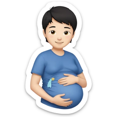 pregnant asian boy with short messy black hair holding his belly embracing his pregnancy sticker