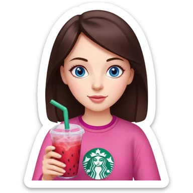 make an emoji of a brunette blue eye girl wearing pink drinking a strawberry acai refresher from starbucks sticker