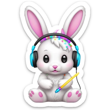 cute rave bunny wearing headphones, holding a glow wand, surrounded by confetti, festive mood sticker