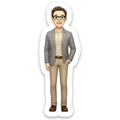 Joyful Full height Pale skinned Fit Man With dark brown hair in gray jacket, beige office shirt, Brown pants and vintage glasses. His thrumbs up sticker