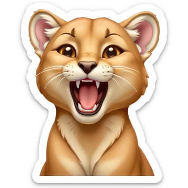 Cinematic Cute Yawning Cougar Portrait Emoji, Head tilted slightly with a dramatic, wide-open yawn, showcasing a soft, sleek tawny Fur with gently drooping ears, round amber eyes barely open in drowsy contentment, Simplified yet irresistibly adorable features, highly detailed, glowing with a soft, cozy glow, high shine, relaxed yet expressive, stylized with a touch of wild whimsy, bright and endearing, soft glowing outline, capturing the essence of a sleepy yet affectionate cougar, so drowsy it feels like it could stretch out of the screen and curl up for a nap! sticker