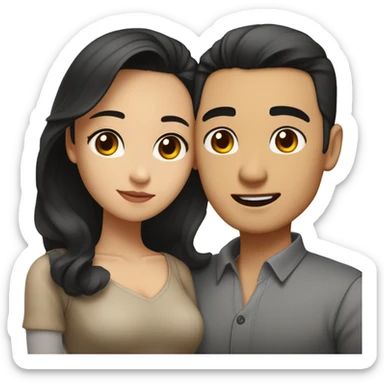 A half pale Asian man with short slicked back dark hair and amber eyes embracing and loving a half Asian woman with long wavy dark hair and dark hazel eyes. They love each other a lot And have good fashion taste. sticker