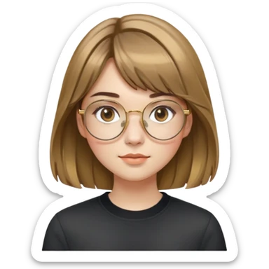young adult woman with fair skin, round face with soft cheeks, light brown hair with golden highlights, voluminous and straight with slight waves, long bangs over eyebrows, large octagonal gold metal frame glasses, dark casual shirt, friendly and creative expression sticker
