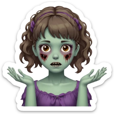 Cabelo ondulado  um pouco cheio e franja curta  Olhos marrons e pequenos e feita d ezumbi mais bonita com cabelo amarro na e com as mãos assim tipo assim🧟‍♀️ sticker