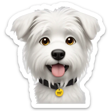 Scruffy white dog with black ears with a name tag that says Stuart  sticker