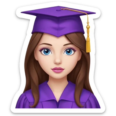 stunning girl with gorgeous long brown hair, blue eyes, long lashes makeup, sexy pink lips, wearing a purple graduation cap and gown sticker