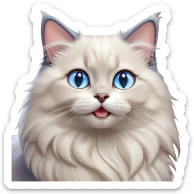 Cinematic Adorable Fluffy Light Grey Mantle Ragdoll Cat Portrait Emoji, Head tilted cutely with big, sparkling blue eyes, soft light grey fur with darker points on the ears, face, and paws, Simplified yet irresistibly adorable features, highly detailed, glowing with a soft, warm glow, high shine, yawning in a peaceful and playful manner, stylized with a touch of whimsy, bright and endearing, soft glowing outline, capturing the essence of a relaxed and loving kitten, so cute it feels like it could leap out of the screen and stretch into a cozy nap! sticker