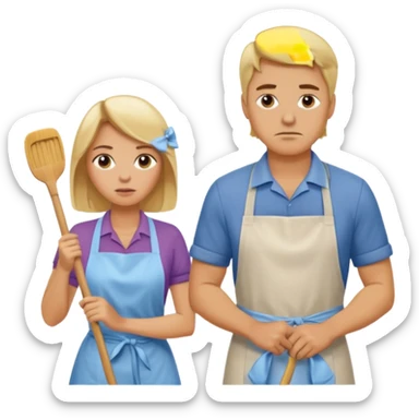 A blonde women slaving away cleaning a kitchen while her blonde husband scowls at her sticker