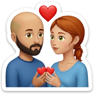 Couple. Bald man with dark brown-black beard. Woman with many small, faded, round freckles, white skin and she has auburn-yellow-brown dark hair. She has light yellow-brown-green eyes. He have hazel-blue eyes. They look at each other. Many small red hearts around them. sticker
