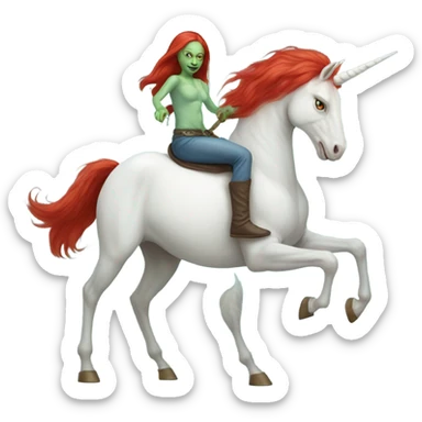 [politically incorrect
	{ woman: alien, color: light green, hair:red, eyes:cat} ]
	on a 
	[{ unicorn: white, legged:six, mane: light blue }] sticker