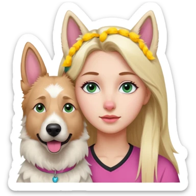 White European young woman with blue-green eyes and long blond hair with her white German Shepherd dog,the Dog has a pink nose and short fur  and Brown eyes sticker