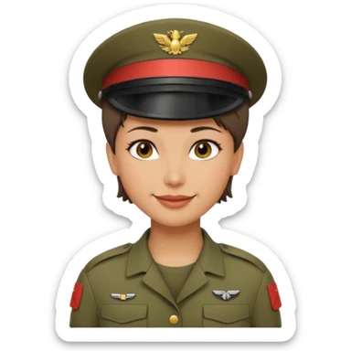 Apple-style emoji: female soldier, bust, no cap/helmet, friendly smile sticker