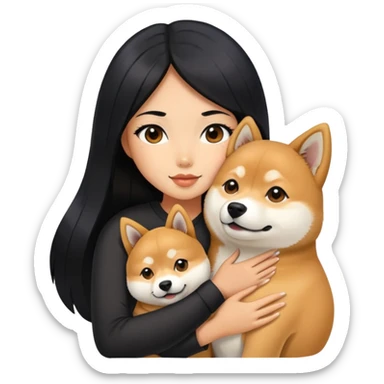 A beautiful girl with long black hair hugs a Shiba Lnu dog sticker