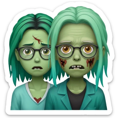 green-skinned, zombie with glasses, a girl with ombre black & teal long dreadlocks and a worried expression with a small wound near its mouth. sticker