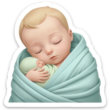 A tiny newborn baby wrapped snugly in a soft, pastel-colored swaddle blanket, peacefully sleeping with a serene expression. The baby’s small hands are tucked close to the chest, surrounded by a cozy, calm atmosphere in a warm nursery sticker