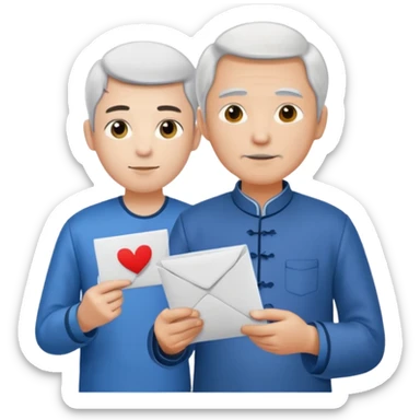 a young student with morden T-shirt handing letter to a old man official with chinese tunic suit sticker