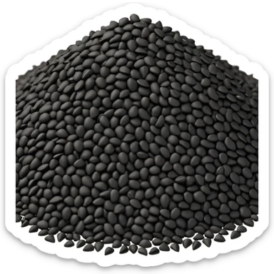 small scattered heap of tiny matte black seeds with irregular triangular shapes and slightly rough texture, loose organic pile with a few seeds dispersed around the base, no bowl or extras, apple emoji style, soft lighting, subtle shadows, transparent background, emoji scale sticker
