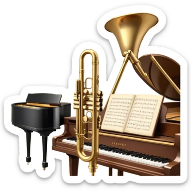 Create an elegant and vintage-inspired emoji representing jazz vocal performance. In the foreground, feature a classic, antique jazz microphone on a stand. Behind it, place a grand piano, with the lid slightly open, and have a Selmer Model 19 Balanced Action trumpet resting on top of the piano. The trumpet should have visible details like its shiny brass finish and the unique design of the valves. Add musical notes flowing around the scene to capture the improvisational essence of jazz. Use rich, deep colors like black, gold, and dark wood tones to evoke the timeless, sophisticated atmosphere of jazz. The background should be transparent. sticker