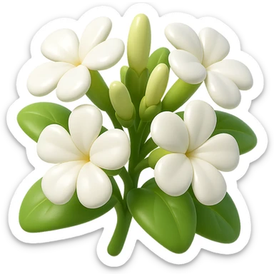Create 3D iOS-style cartoon soapwort (Saponaria) flowers with extra volumetric and rounded shapes, exaggerated cute white petals, big green leaves, playful proportions, soft lighting, and a glossy effect. No background, no face or smile. Style inspired by GPT Image style. sticker