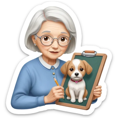 An elderly woman sketching, art board,nice picture, puppy face pencil art style. sticker