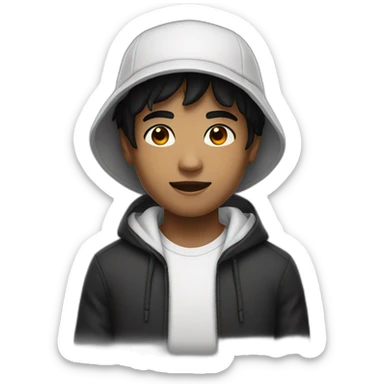 A boy with black eyes and black hair, wearing a black bucket hat and a white hoodie  sticker