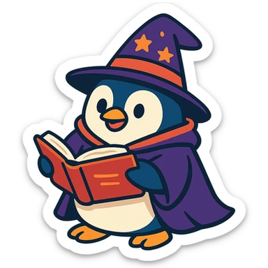 a chubby penguin with a wizard hat and cloak, holding an open spellbook, playful illustration style sticker