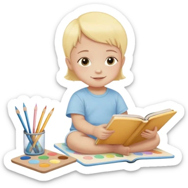 Flat illustration emoji of a small child sitting and reading a book with colored pencils or paint palette nearby, happy and peaceful expression, soft pastel colors (yellow, light blue, soft pink), rounded shapes, minimal details, child-friendly, warm and gentle style sticker