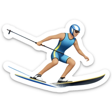 A humanless icon showing a pair of water skis skimming across the surface of a lake, with a skier in motion. The design includes a wake behind the skier, splashing water, and the sun reflecting on the water. Transparent background highlights the speed and thrill of water skiing. sticker