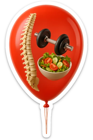 palloncino rosso con all'interno insalata, manubri da palestra e una spina dorsale anatomica realistica in 3d, isolato su sfondo bianco sticker