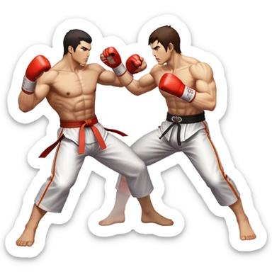 An icon showing two fighters in an intense battle, inspired by Tekken. The design features dynamic poses, with powerful punches and kicks, and a vibrant action-packed background. Health bars are visible at the bottom, showing each player’s status. Transparent background. sticker