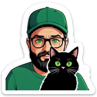 A bold man with a grey baseball cap, green eyes, big beard and glasses holding a black cat sticker