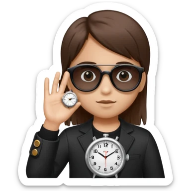 Un niño con pelo lacio color castaño,con lentes de sol negros y un reloj en la mano ,pero que el lente sea más oscuro  sticker