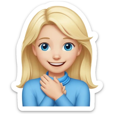 a girl with blonde hair blue eyes and her hands crossed around her neck while laughing sticker