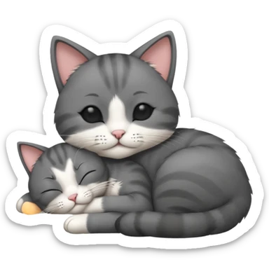 dark grey and white small cat with his eyes closed leaning his head on his paw while leaning on his elbow lying down sticker