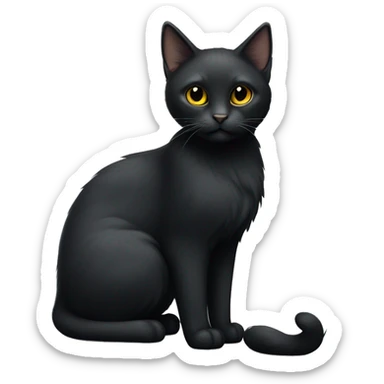 A petite, solid black sleek furred cat. Light yellow eyes. Black pointed tufts of long fur at only the very tip-top points of its ears. Fully body and no other color markings. Facing forward and standing with ears slightly tilted. sticker