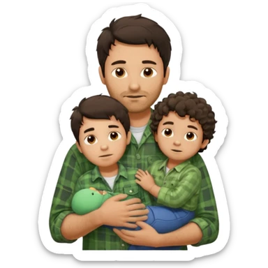A father with messy medium-length dark hair and light stubble, wearing a green flannel shirt. He holds his one child who has short curly brown hair and a cream-colored romper. Cozy warm lighting, authentic family moment. sticker