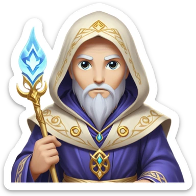 Clash of Clans aesthetic friendly Mage Portrait Emoji, With an enigmatic, slender build draped in flowing mystical robes adorned with arcane symbols, piercing eyes and a determined aura, his face rendered in a natural skin tone (not yellow), Simplified yet sharply defined features, highly detailed, glowing with a cool, otherworldly radiance, high shine, wise and resolute, stylized with an air of ancient sorcery, focused and mystical, soft glowing outline, capturing the essence of a powerful mage ready to unleash enchanted spells on epic adventures! sticker