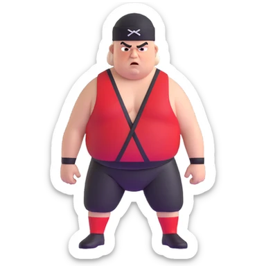 Close-up of white skin fat guy with young face, no muscle with prominent black durag, completely shaved face, no beard or mustache, black eyes in a red and black wrestling singlet with angry face sticker