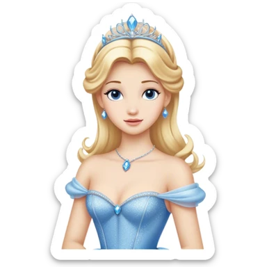 Cinematic Realistic Cinderella Portrait, showcasing her regal elegance in a full ball gown rendered with exquisite detail. Her fair, luminous skin and lustrous blonde hair are highlighted by subtle, shimmering accents and gentle natural light, evoking a magical, transformative aura. sticker