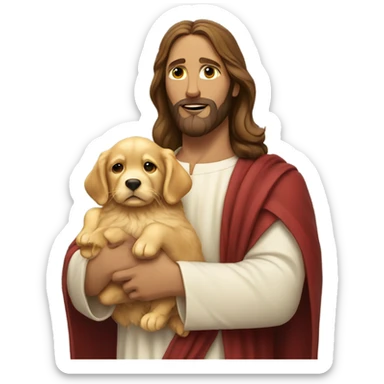Jesus holding a little golden retriever puppy sticker