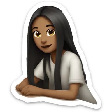 a girl with fair skin and dark long hair sits at a computer, books are lying nearby sticker