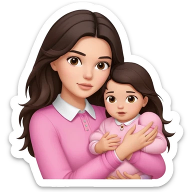 brunette Kendall Jenner with long hair holding on the hands a baby wear on pink collar sticker