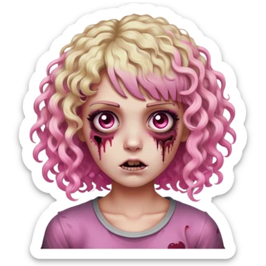 Zombie, Curly hair with bangs, half pink and the front part of the right side pink too, the back part blonde highlights, dark brown eyes  sticker