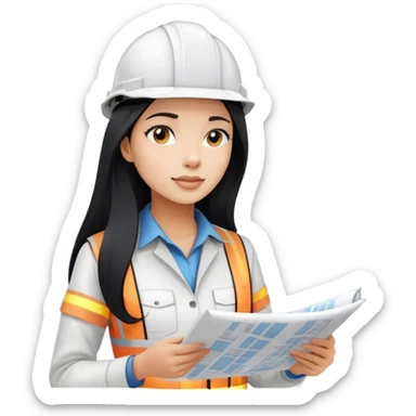 Female civil engineer with long black hair and wears white helmet looks at high rise buildings drawing plan  sticker
