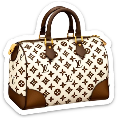 White Designer Louis Vuitton bag with brown and gold monogram and brown trim sticker