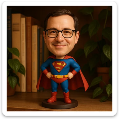a superhero bobblehead with a cape sticker