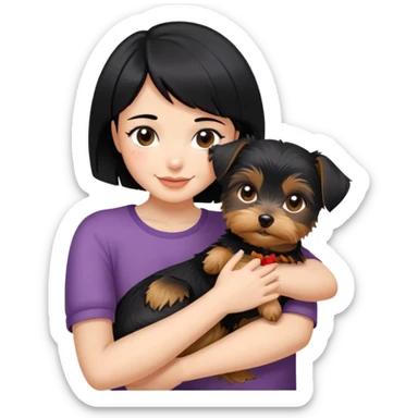 A beautiful girl with short black hair happily hugs a Yorkshire Terrier sticker
