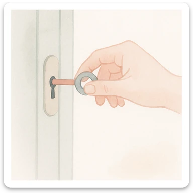 soft watercolor illustration in a minimalist modern style, a hand putting a key into the keyhole on a door, pastel colors, delicate linework, gentle whimsical mood, minimal soft shading sticker