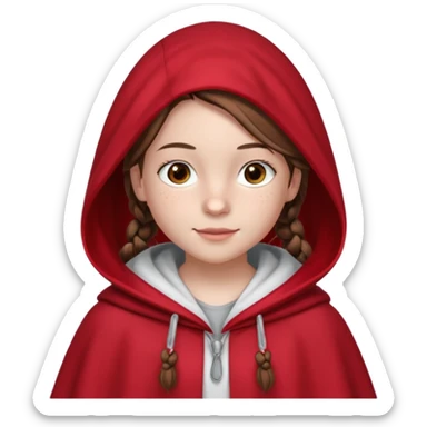 A 12-year-old girl, with fair skin, freckles, and a warming smile that shows her pale pink lips. She has big brown eyes and normal eyebrows. Her brown hair is styled in French braids that reach her breasts. She wears a bright red hooded cloak with the hood drawn over a pretty white tank top. sticker